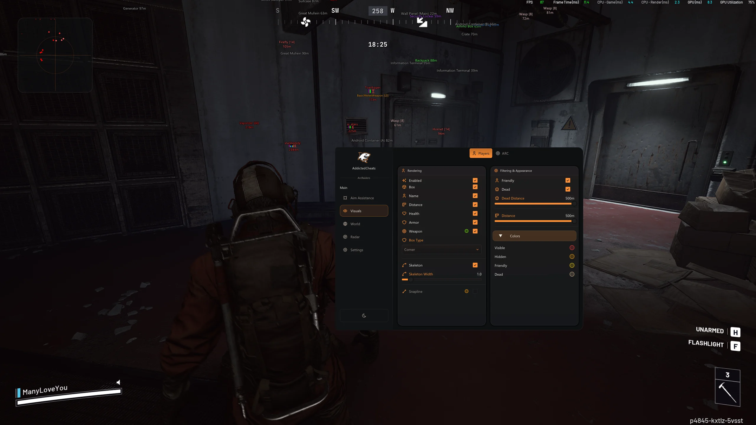 ARC Raiders gameplay with the player ESP settings menu open
